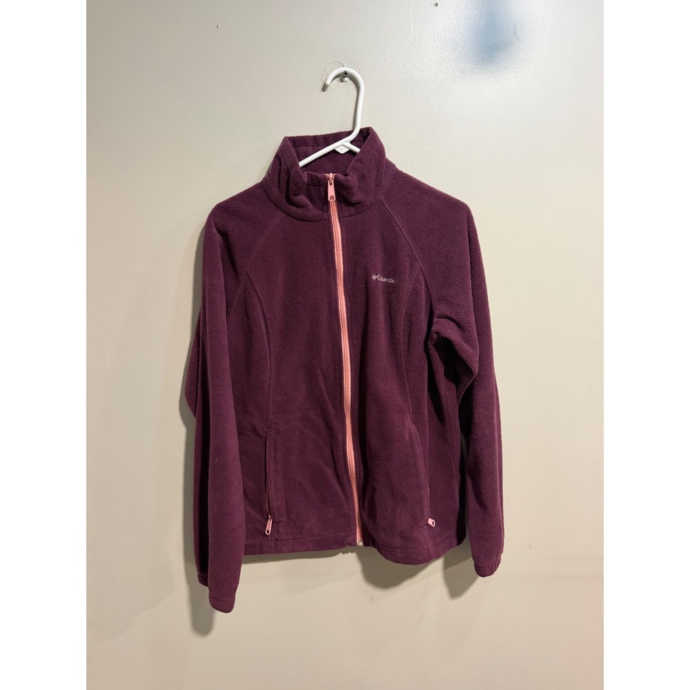 Columbia Womens Full Zip Fleece Jacket Plum Purple Pink Trim Mock Neck Large